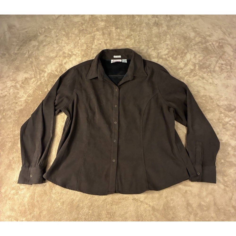 VTG Joanna Plus Womens 1X Brown Faux Suede Snap Front Shirt Stretch Y2K Corpcore